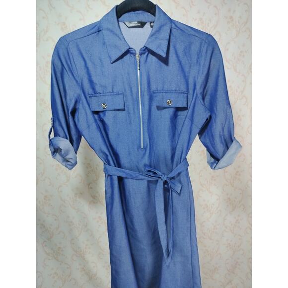 Mlle Gabrielle Lightweight Denim Look Dress Zip Front Tie Waist, Size S - Picture 11 of 16